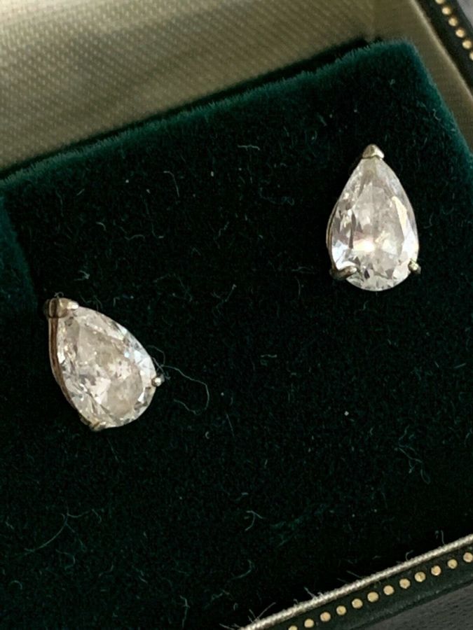 Antique Vintage Art Deco Pear Drop Silver Stud Earrings Set with CZ Hallmarked