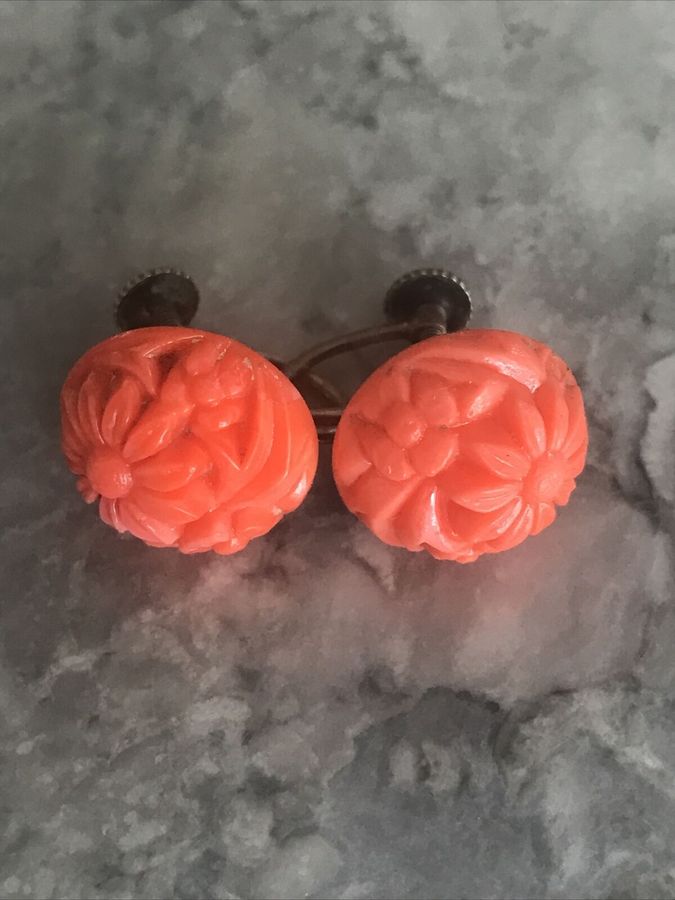 Antique Antique Vintage Art Deco Bakelite Coral  Silver Platedl Earrings