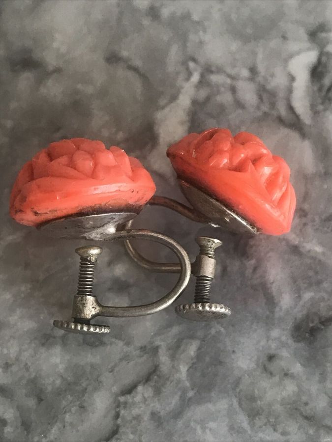 Antique Antique Vintage Art Deco Bakelite Coral  Silver Platedl Earrings