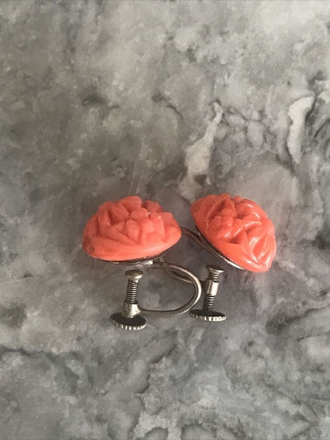 Antique Antique Vintage Art Deco Bakelite Coral  Silver Platedl Earrings