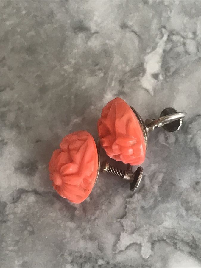 Antique Antique Vintage Art Deco Bakelite Coral  Silver Platedl Earrings