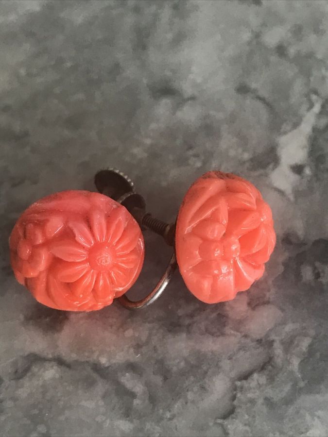 Antique Antique Vintage Art Deco Bakelite Coral  Silver Platedl Earrings