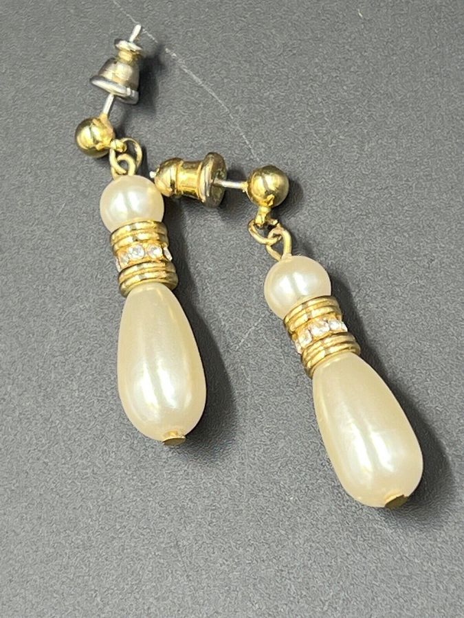 Antique Dangly Long Earrings Set with Drop Pearls & Clear Roundels Pierced Ears