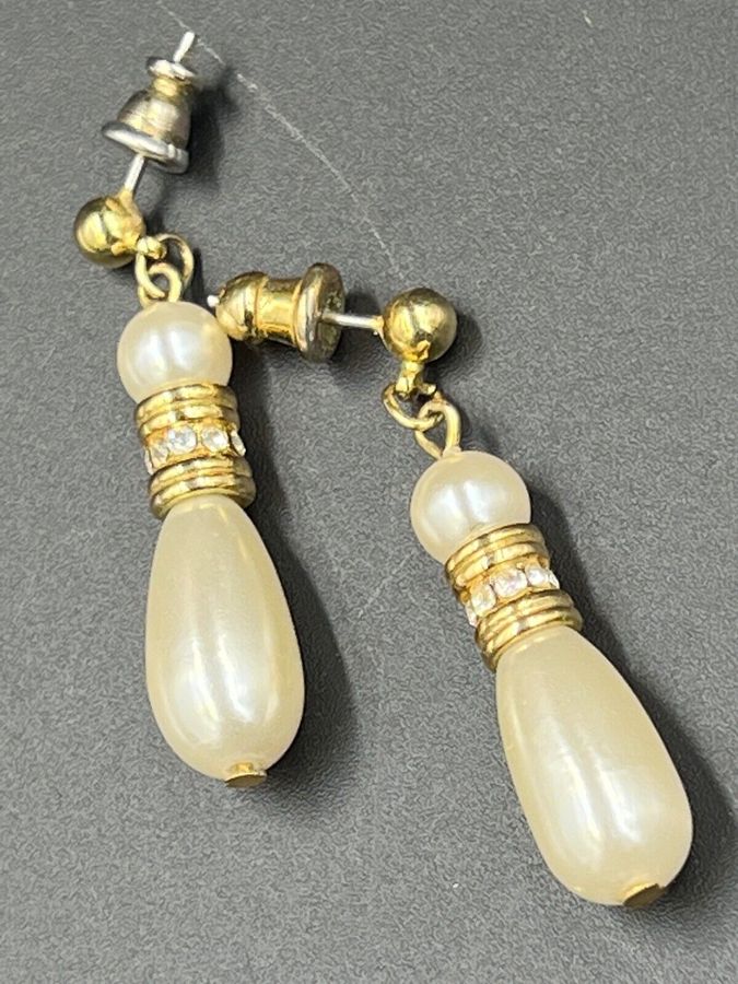 Antique Dangly Long Earrings Set with Drop Pearls & Clear Roundels Pierced Ears