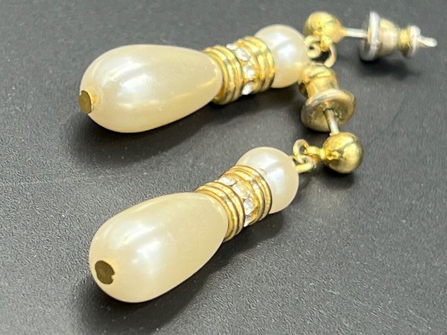 Antique Dangly Long Earrings Set with Drop Pearls & Clear Roundels Pierced Ears