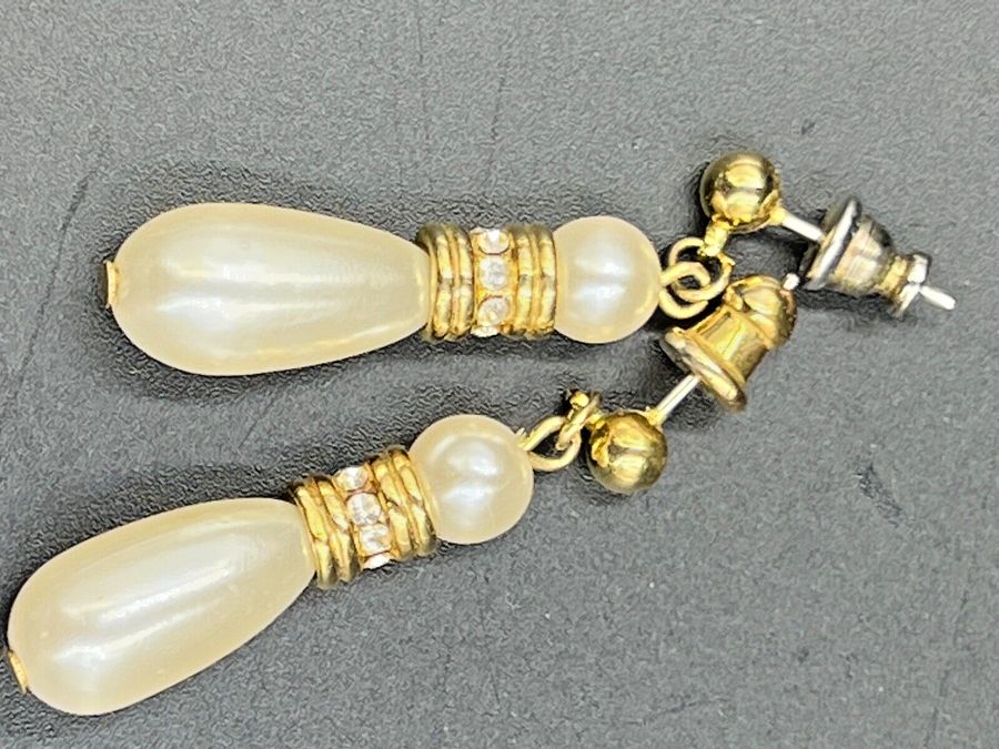 Antique Dangly Long Earrings Set with Drop Pearls & Clear Roundels Pierced Ears