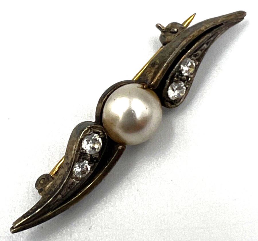 Antique Antique Silver Faux Pearl & Clear Stones Set Gold Plated Bar Brooch