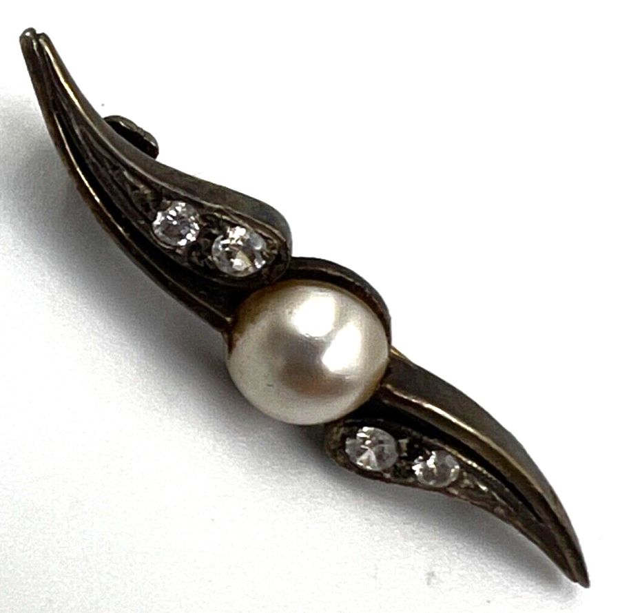 Antique Antique Silver Faux Pearl & Clear Stones Set Gold Plated Bar Brooch