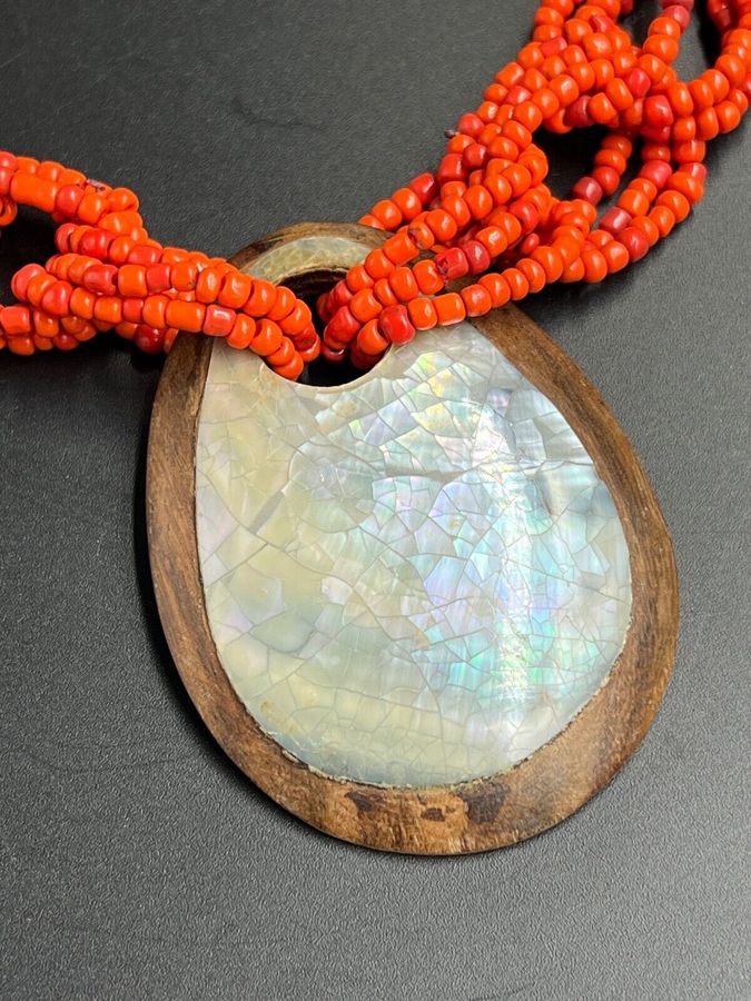 Antique Vintage Coral ? Necklace Wood and Mother of Pearl