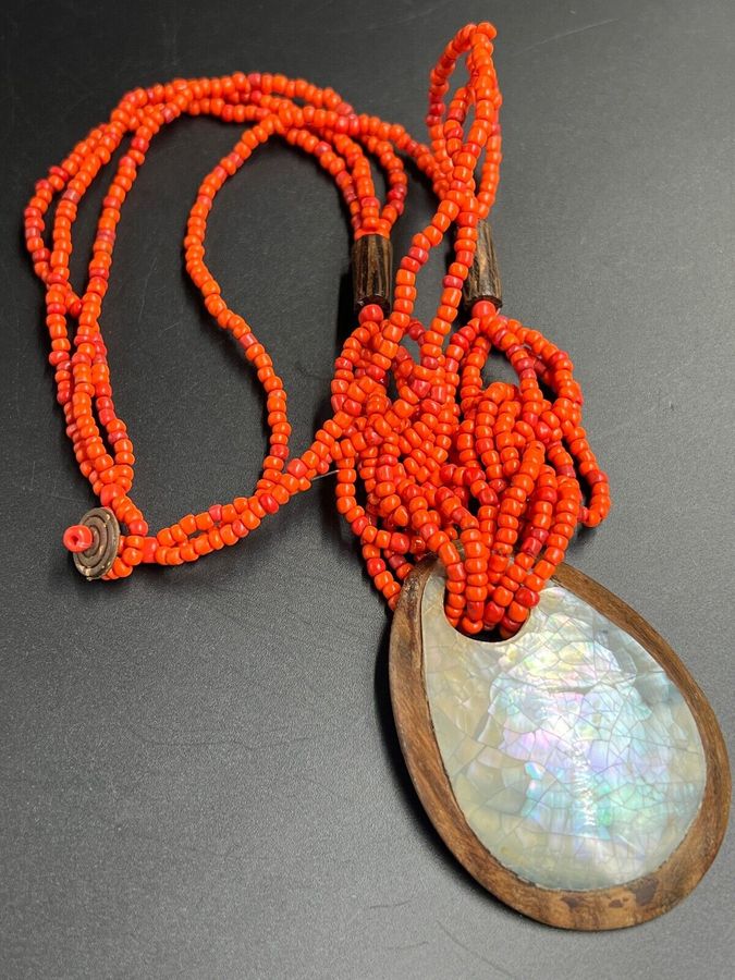 Antique Vintage Coral ? Necklace Wood and Mother of Pearl