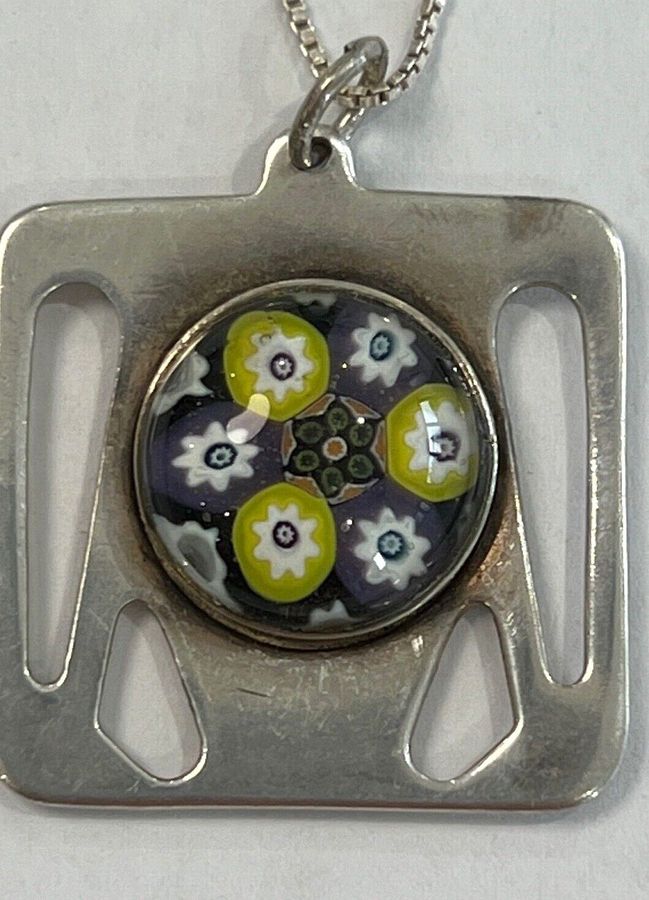 Antique Vintage Art Nouveau Solid Silver Millefiori Pendant & Chain Hallmarked Scottish