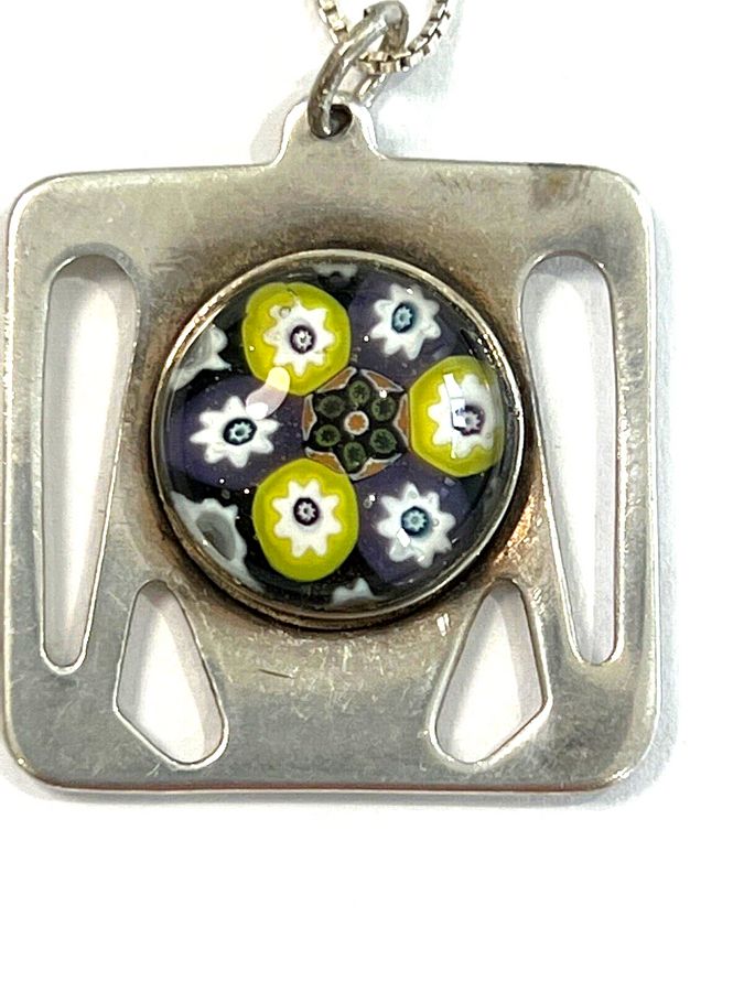 Antique Vintage Art Nouveau Solid Silver Millefiori Pendant & Chain Hallmarked Scottish