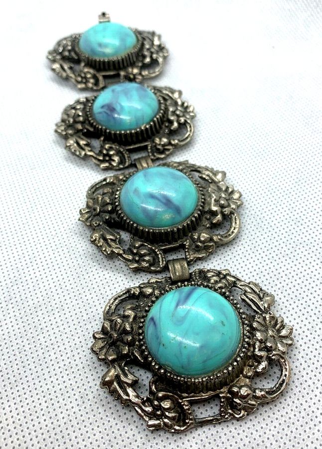 Antique Vintage Art Deco Chunky Bracelet set with Czech Turquoise Stones