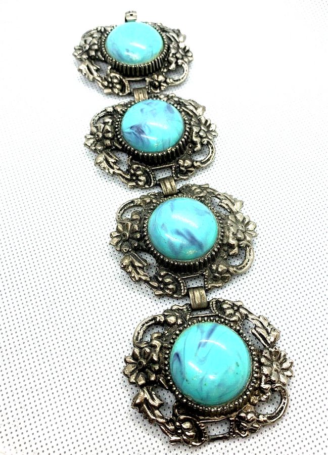 Antique Vintage Art Deco Chunky Bracelet set with Czech Turquoise Stones