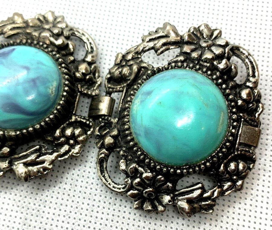 Antique Vintage Art Deco Chunky Bracelet set with Czech Turquoise Stones