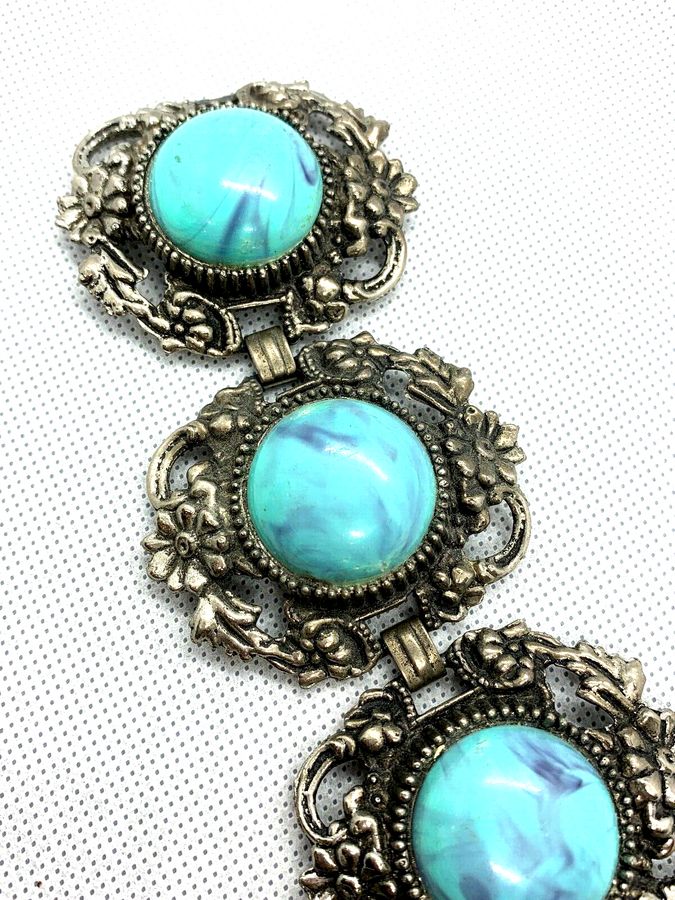 Antique Vintage Art Deco Chunky Bracelet set with Czech Turquoise Stones