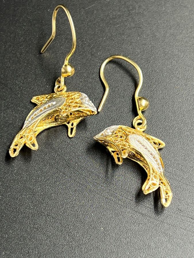 Antique Filigree Silver Gilt Earrings Leaping Dolphins Hallmarked Vintage