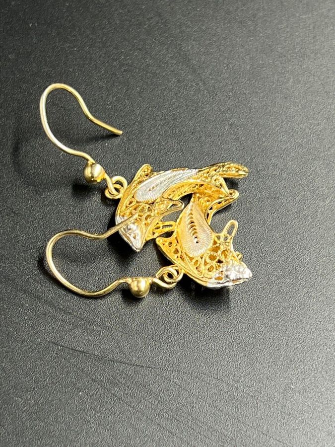 Antique Filigree Silver Gilt Earrings Leaping Dolphins Hallmarked Vintage