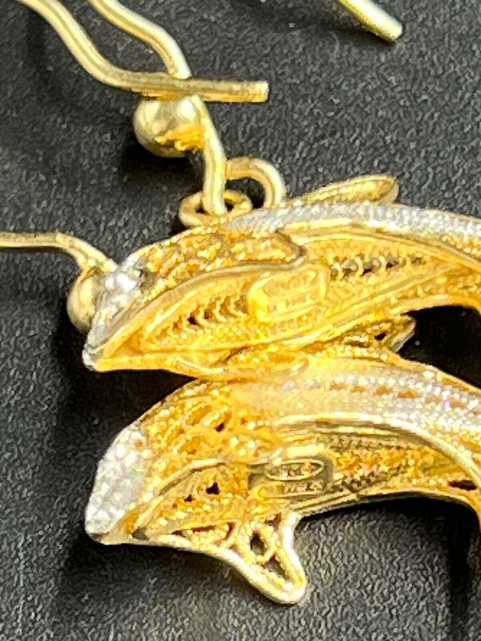 Antique Filigree Silver Gilt Earrings Leaping Dolphins Hallmarked Vintage