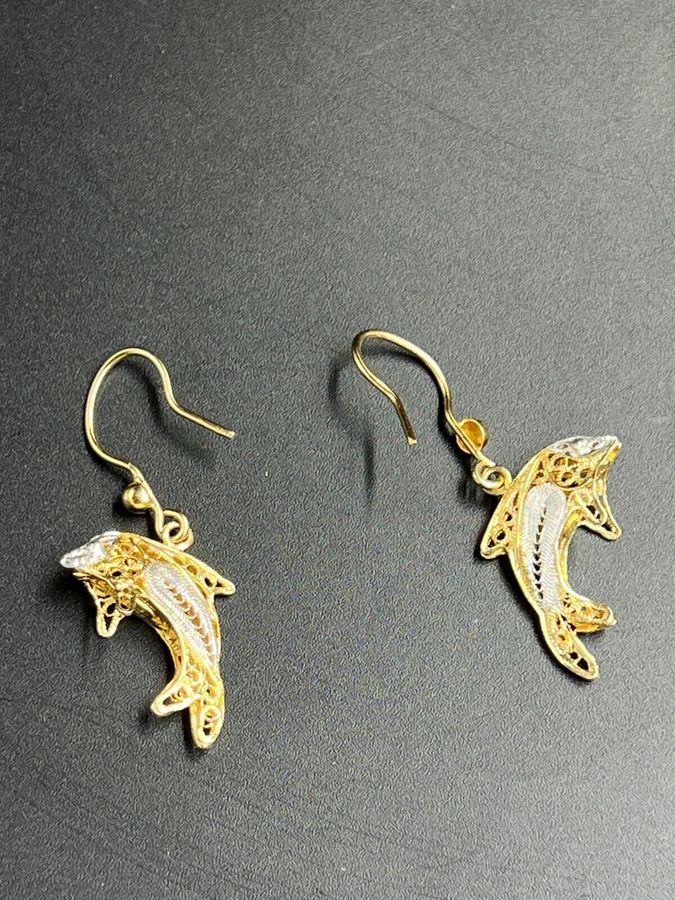 Antique Filigree Silver Gilt Earrings Leaping Dolphins Hallmarked Vintage