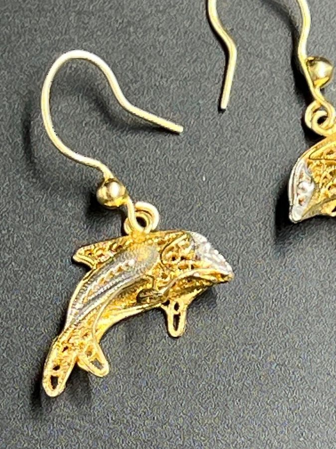 Antique Filigree Silver Gilt Earrings Leaping Dolphins Hallmarked Vintage