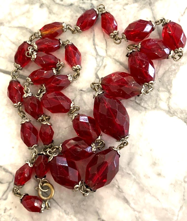 Antique Antique Vintage Art Deco Cherry Czech Red Bead Graduated Faceted Necklace