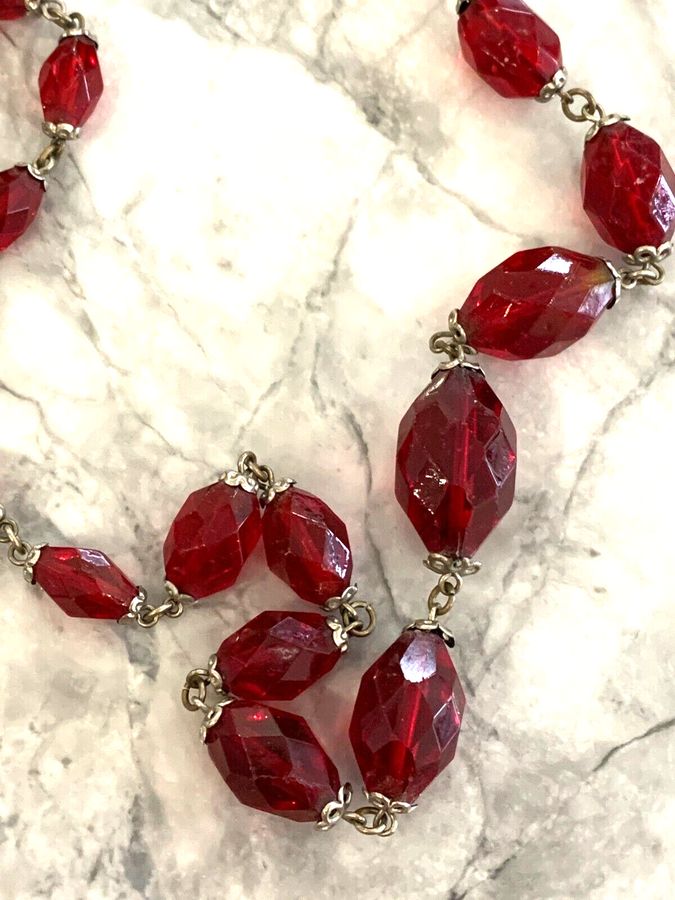 Antique Antique Vintage Art Deco Cherry Czech Red Bead Graduated Faceted Necklace