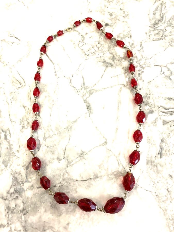 Antique Antique Vintage Art Deco Cherry Czech Red Bead Graduated Faceted Necklace