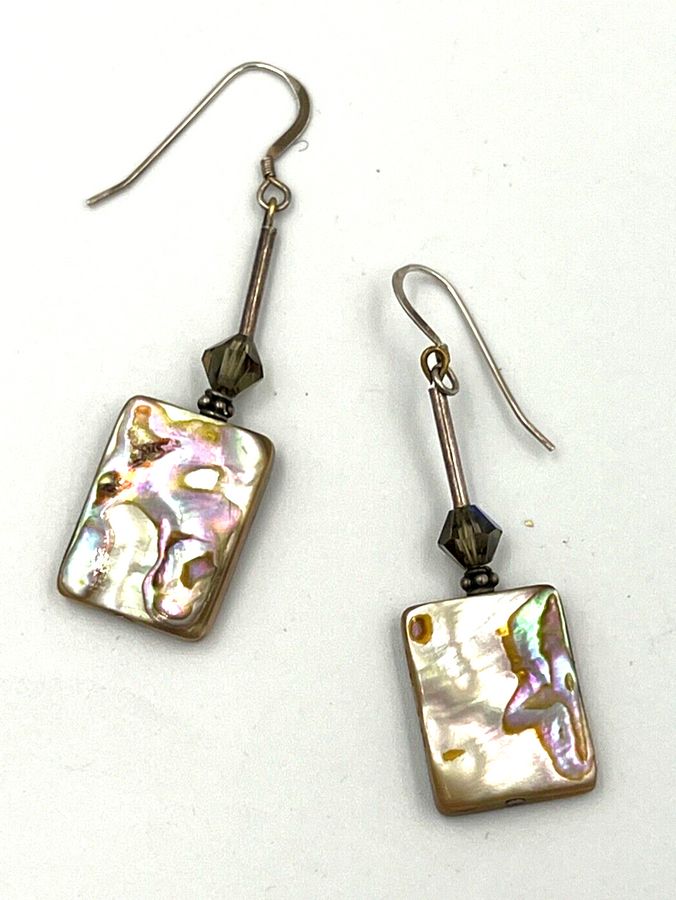 Antique Solid Silver Drop Earrings Set with Mother of Pearl  Pierced ears