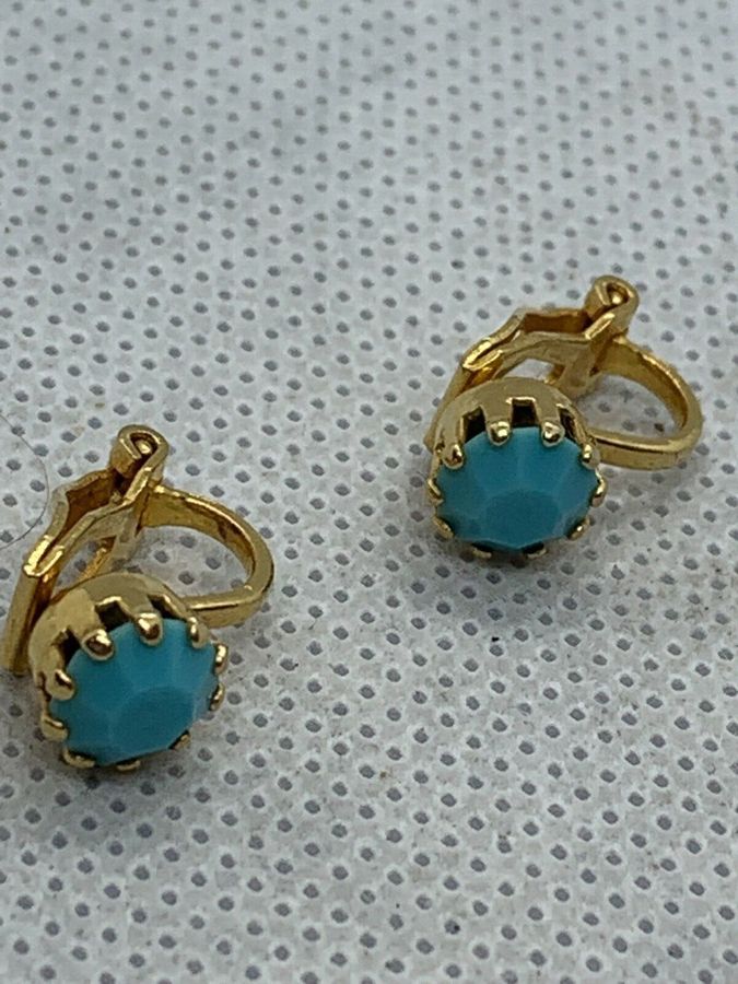 Antique Vintage Turquoise Czech Bead  Earrings Faceted