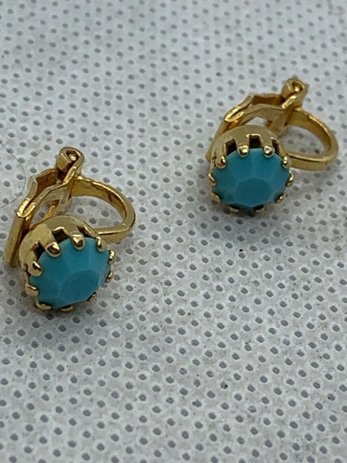 Antique Vintage Turquoise Czech Bead  Earrings Faceted