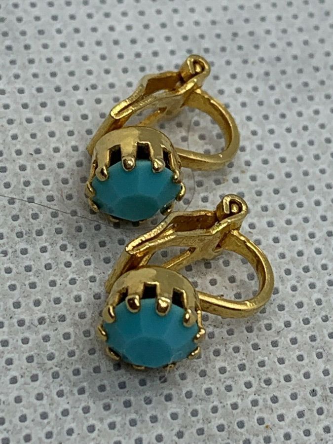 Antique Vintage Turquoise Czech Bead  Earrings Faceted