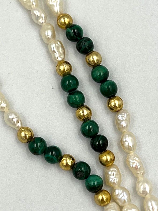 Antique Natural Baroque Seed Pearl Necklace Silver Gilt Hallmarked Malachite Triple Row