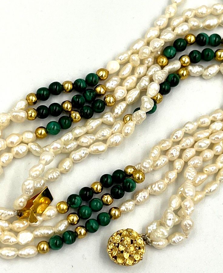 Antique Natural Baroque Seed Pearl Necklace Silver Gilt Hallmarked Malachite Triple Row