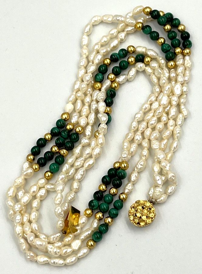 Antique Natural Baroque Seed Pearl Necklace Silver Gilt Hallmarked Malachite Triple Row