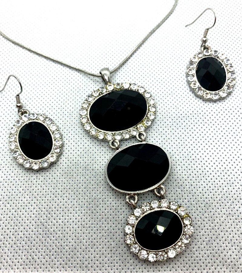 Antique Vintage Art Deco Pendant & Earrings Set with Faceted Jet Cabochons & Clear Stone