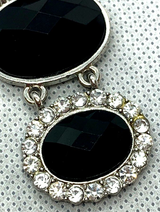 Antique Vintage Art Deco Pendant & Earrings Set with Faceted Jet Cabochons & Clear Stone