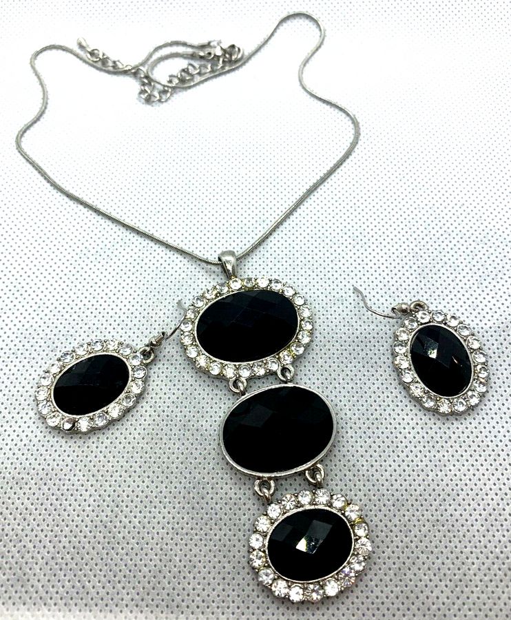 Antique Vintage Art Deco Pendant & Earrings Set with Faceted Jet Cabochons & Clear Stone