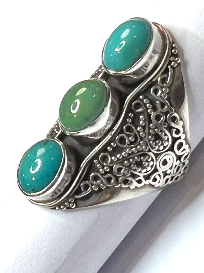 Antique Solid Silver Ring Set With Natural Turquoises Size S