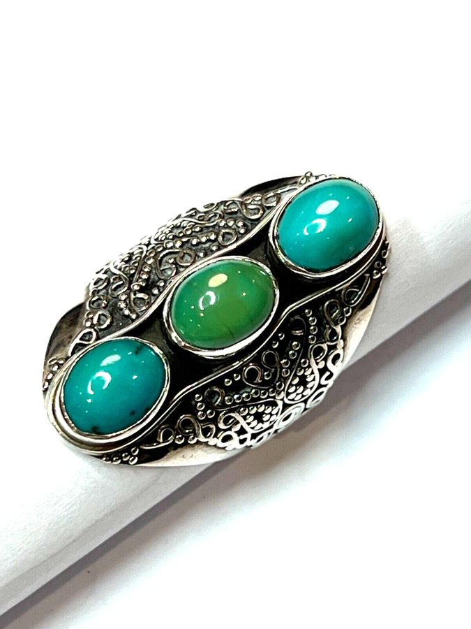 Antique Solid Silver Ring Set With Natural Turquoises Size S