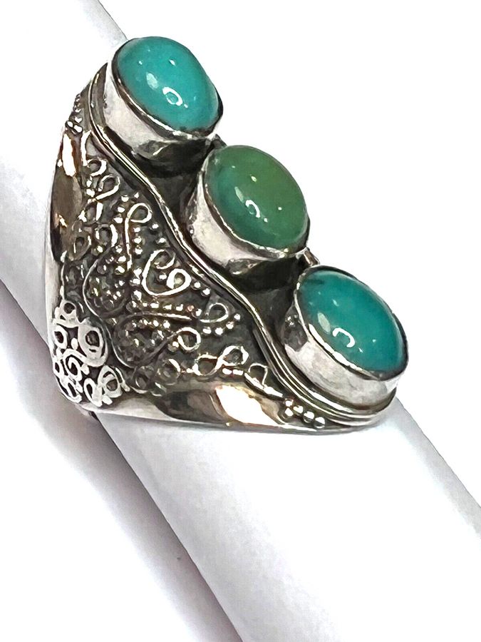 Antique Solid Silver Ring Set With Natural Turquoises Size S