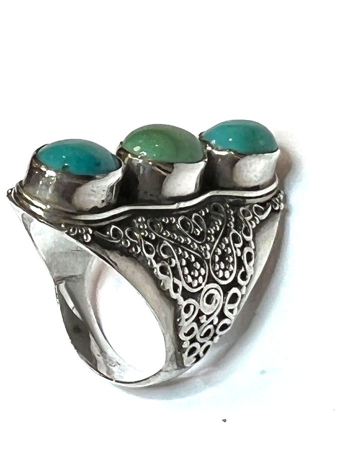 Antique Solid Silver Ring Set With Natural Turquoises Size S