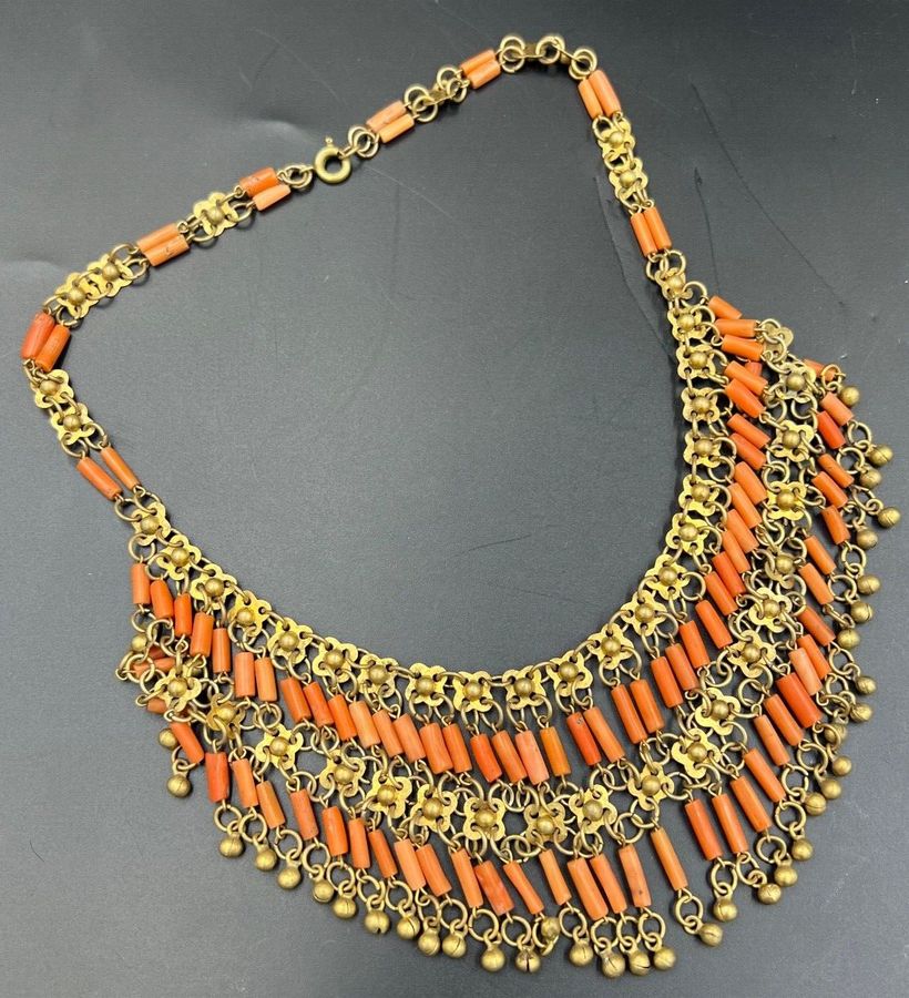 Antique Antique Art Deco Egyptian Revival Natural Coral Faience Necklace Hand Carved