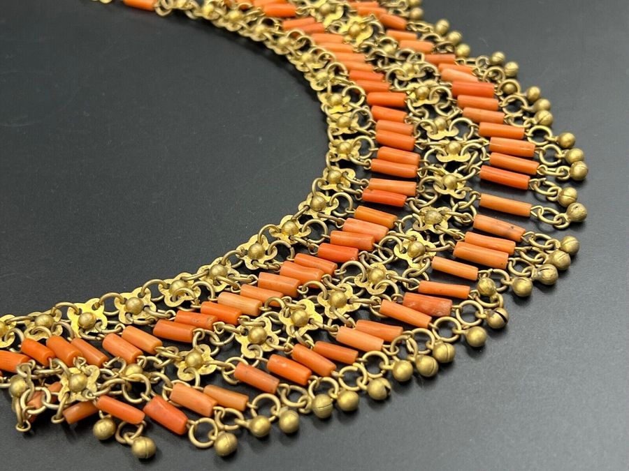 Antique Antique Art Deco Egyptian Revival Natural Coral Faience Necklace Hand Carved