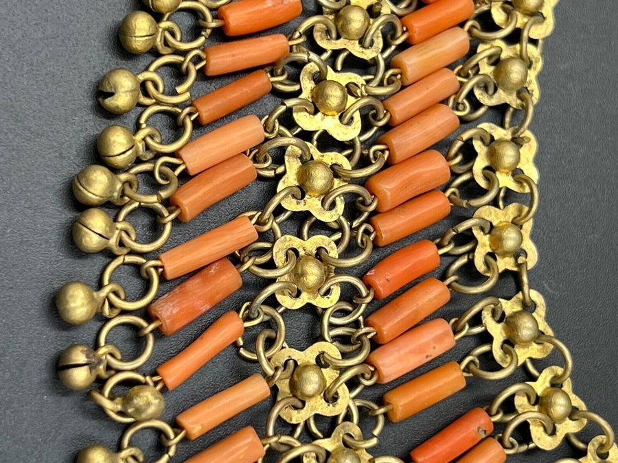 Antique Antique Art Deco Egyptian Revival Natural Coral Faience Necklace Hand Carved