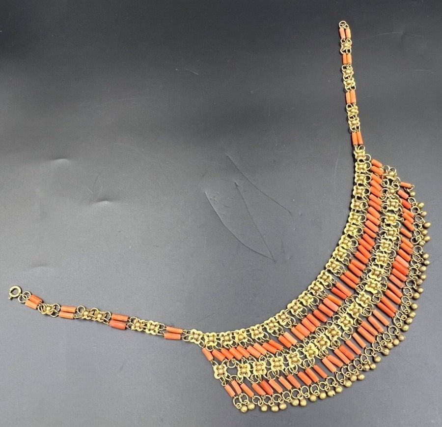 Antique Antique Art Deco Egyptian Revival Natural Coral Faience Necklace Hand Carved