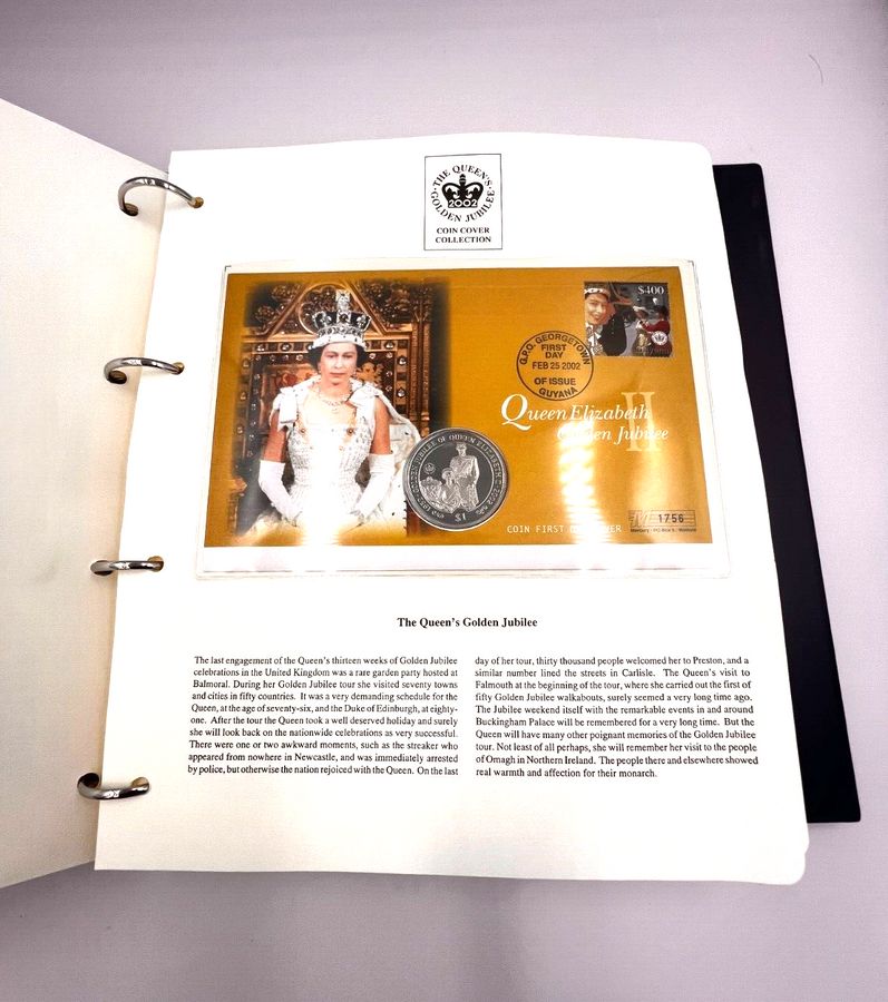 Antique Rare The Queens Golden Jubilee Collection Coin & Stamp Covers x 14 in Binder B1