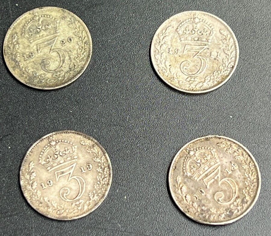 Antique Antique Silver 3 Pence Pieces GEORGIVS 1911 1914 1919 1920 4 x Silver Coins