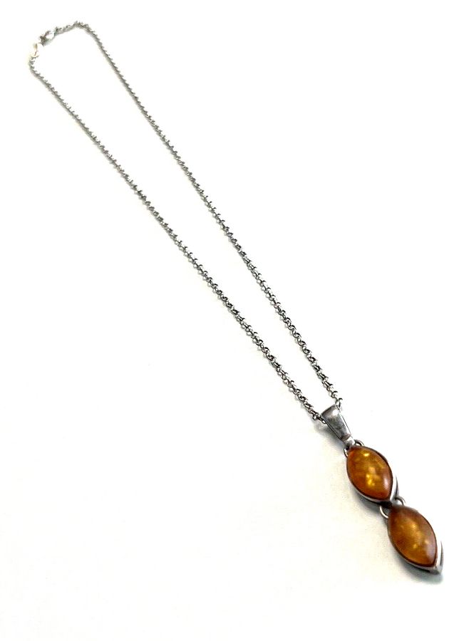 Antique Antique Art Deco Hallmarked Natural Amber Pendant and Chain Solid Silver Mount