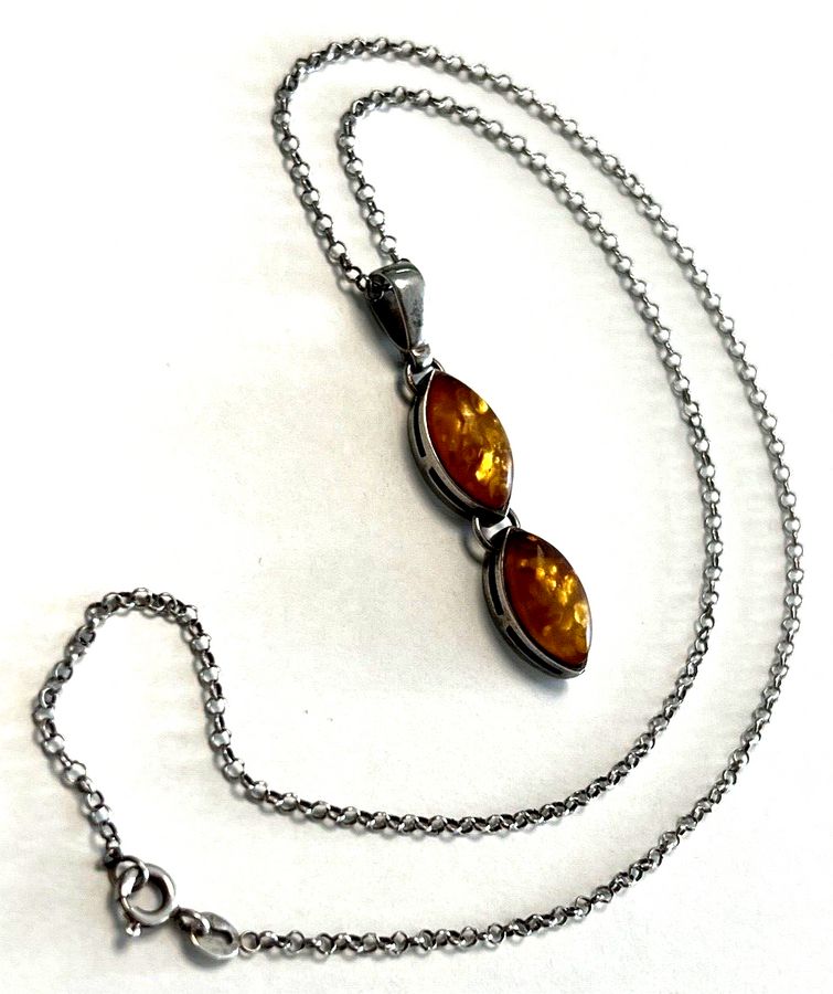 Antique Antique Art Deco Hallmarked Natural Amber Pendant and Chain Solid Silver Mount